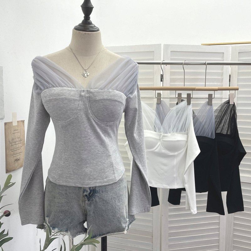 Mesh Panel V-Neck Two-Piece Crop Top