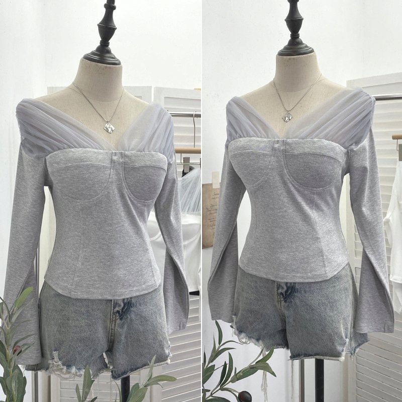 Mesh Panel V-Neck Two-Piece Crop Top