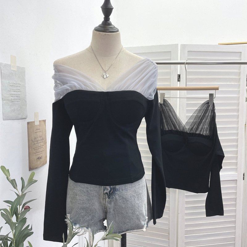 Mesh Panel V-Neck Two-Piece Crop Top