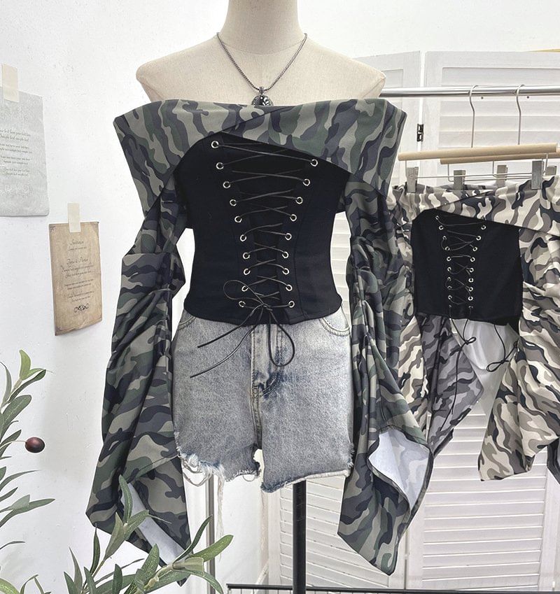 Ruched Lace-Up Off-Shoulder Crop Top
