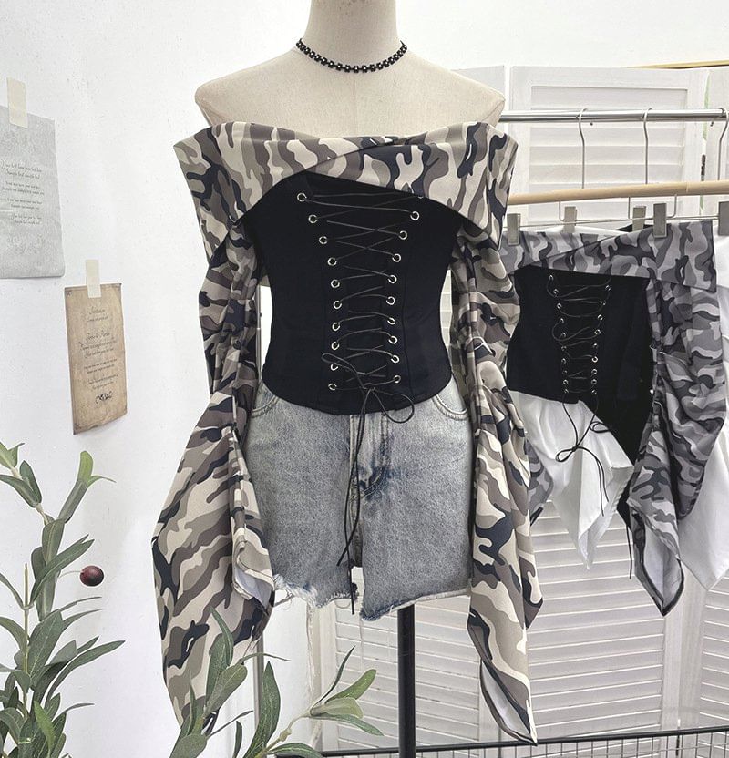 Ruched Lace-Up Off-Shoulder Crop Top
