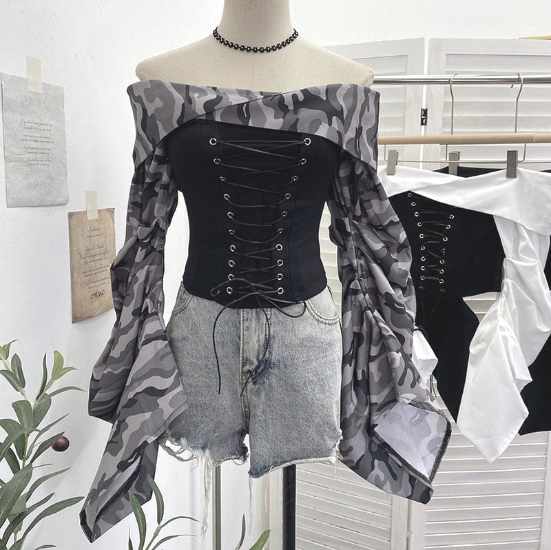 Ruched Lace-Up Off-Shoulder Crop Top