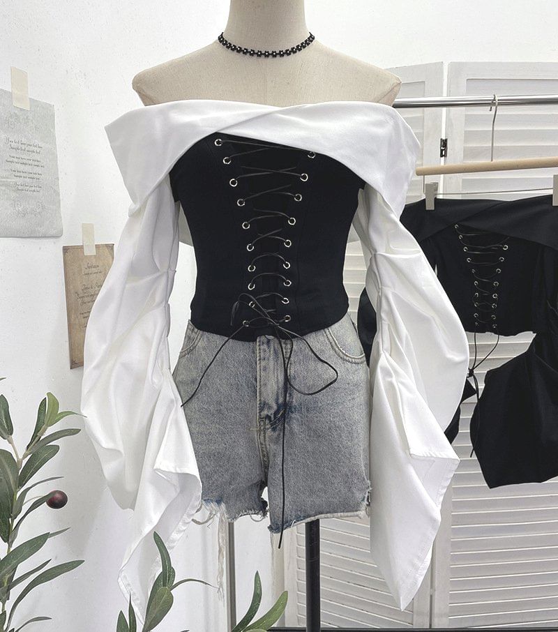 Ruched Lace-Up Off-Shoulder Crop Top