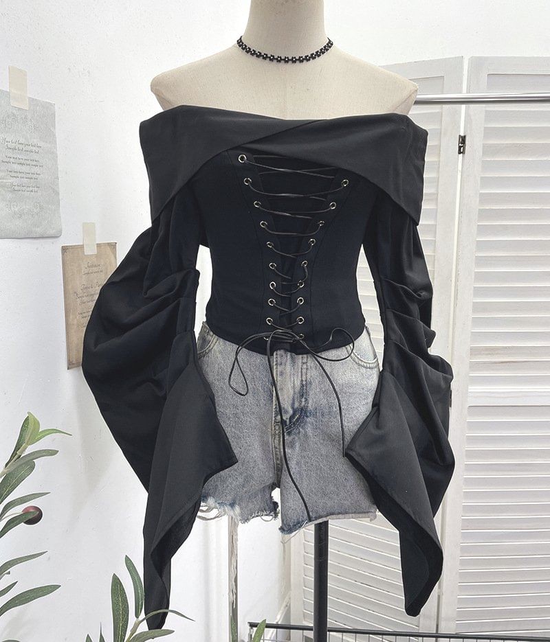 Ruched Lace-Up Off-Shoulder Crop Top