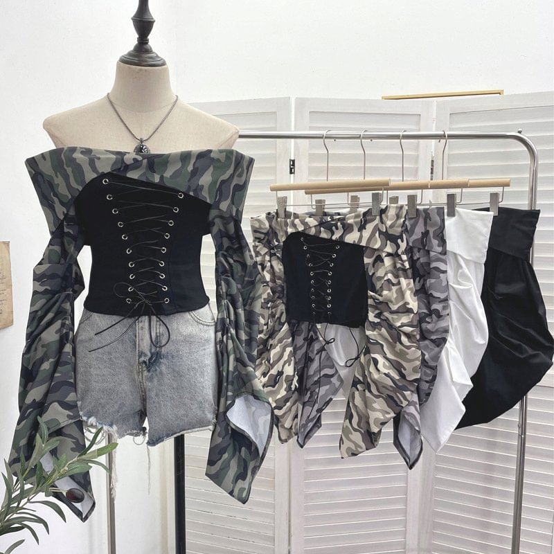Ruched Lace-Up Off-Shoulder Crop Top