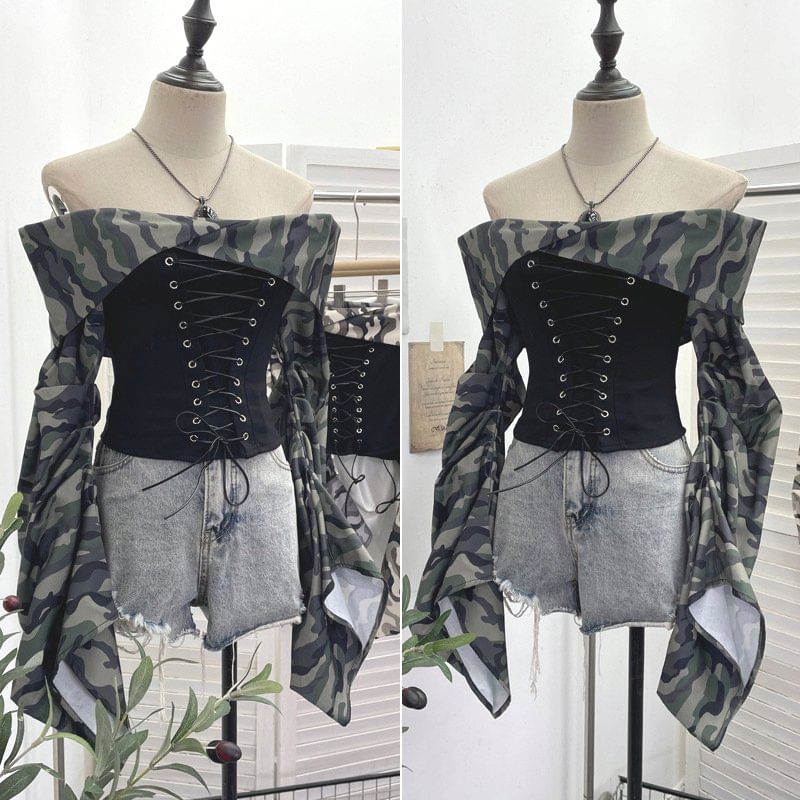 Ruched Lace-Up Off-Shoulder Crop Top