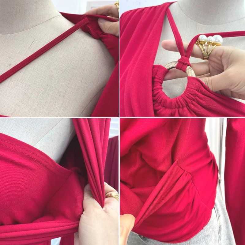 Fitted Halter Neck Two-Piece Style Long Sleeve Tee