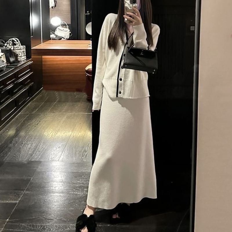 Set: V-Neck Contrast Trim Cardigan + High Waist Plain Knit Maxi Pencil Skirt