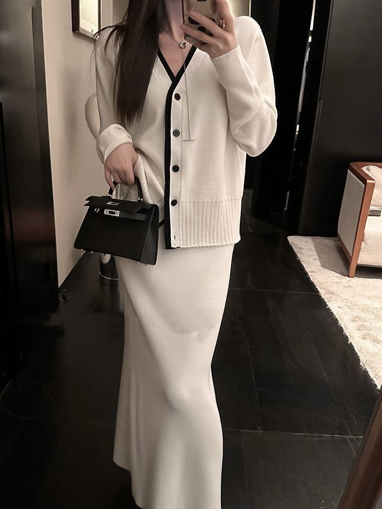 Set: V-Neck Contrast Trim Cardigan + High Waist Plain Knit Maxi Pencil Skirt