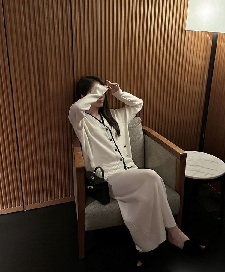Set: V-Neck Contrast Trim Cardigan + High Waist Plain Knit Maxi Pencil Skirt