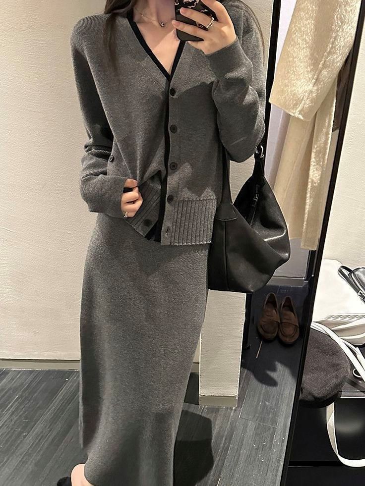Set: V-Neck Contrast Trim Cardigan + High Waist Plain Knit Maxi Pencil Skirt