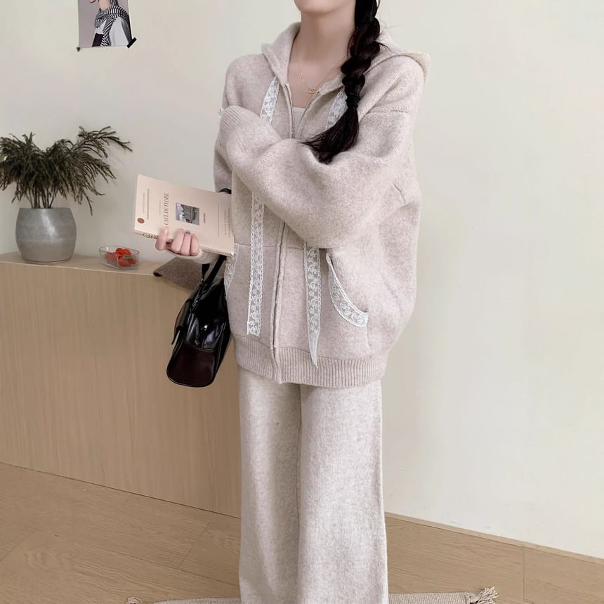 Set: Hood Panel Lace Zip Cardigan + High Rise Plain Knit Wide Leg Pants