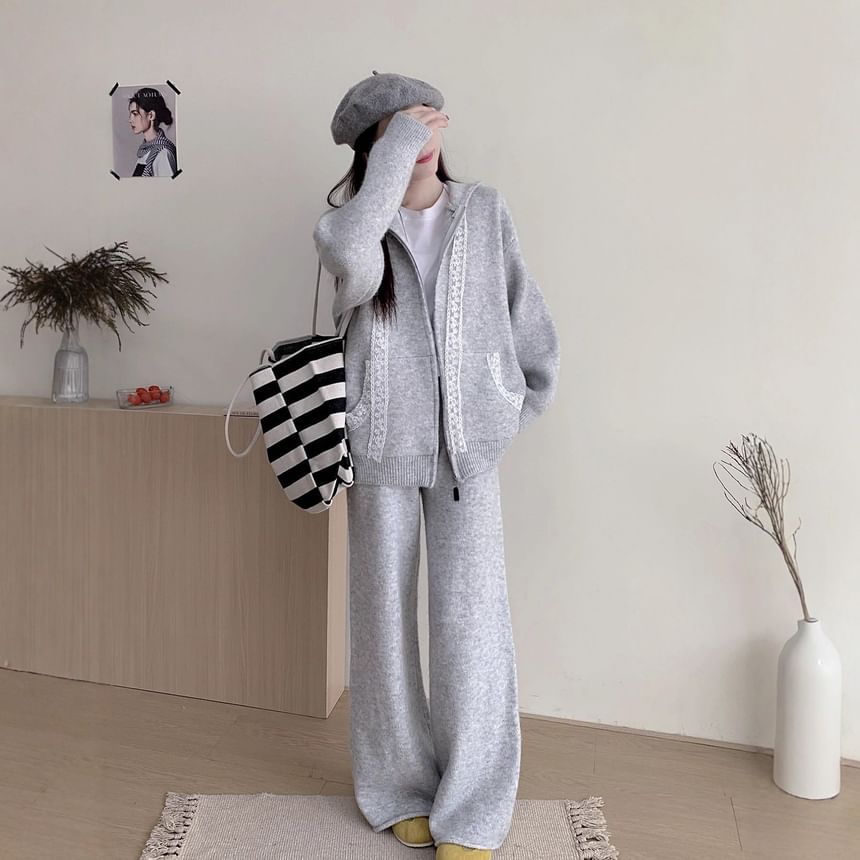 Set: Hood Panel Lace Zip Cardigan + High Rise Plain Knit Wide Leg Pants