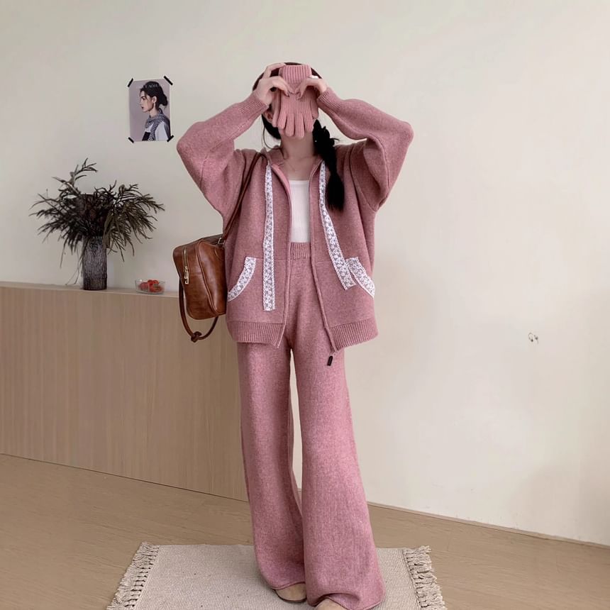 Set: Hood Panel Lace Zip Cardigan + High Rise Plain Knit Wide Leg Pants