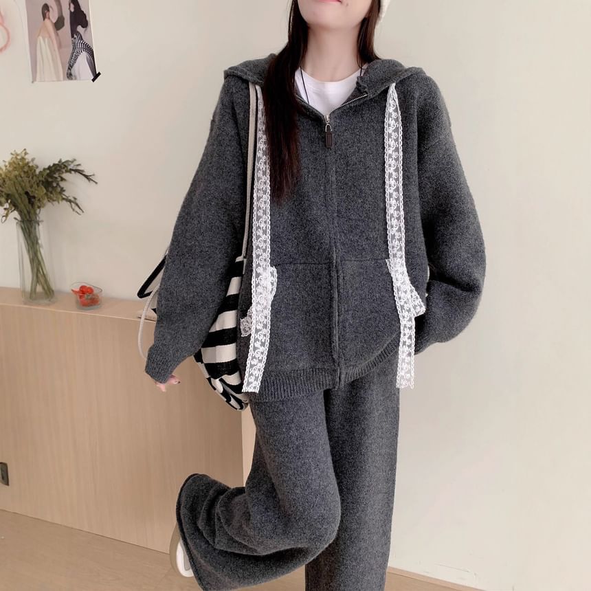 Set: Hood Panel Lace Zip Cardigan + High Rise Plain Knit Wide Leg Pants