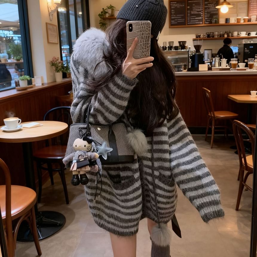 Striped Fluffy Trim Hood Cardigan
