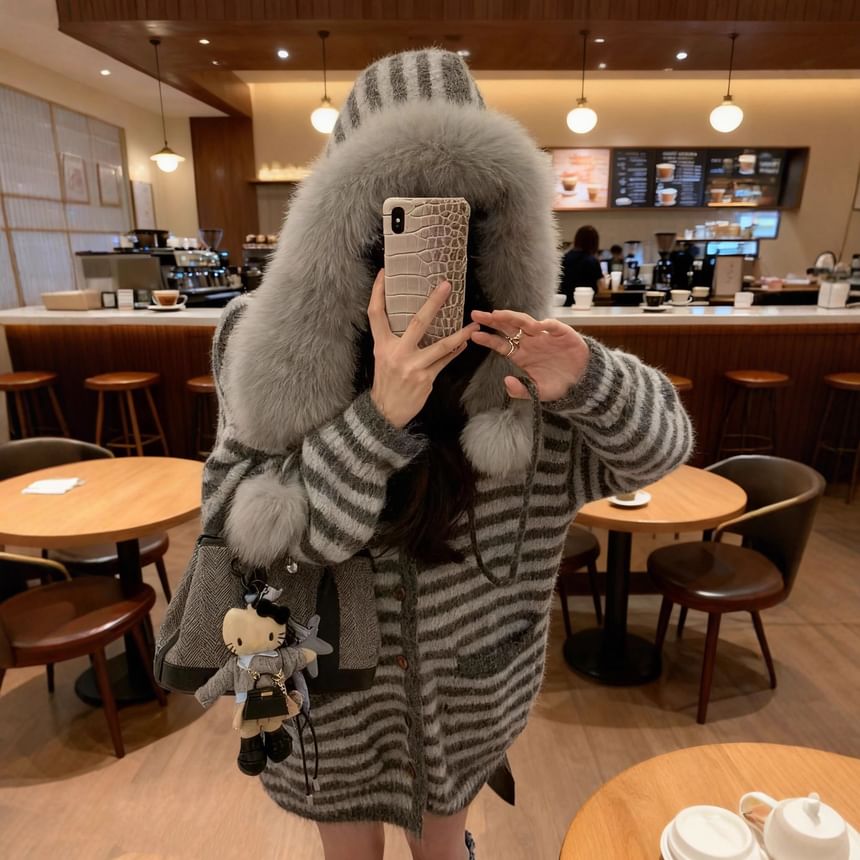 Striped Fluffy Trim Hood Cardigan