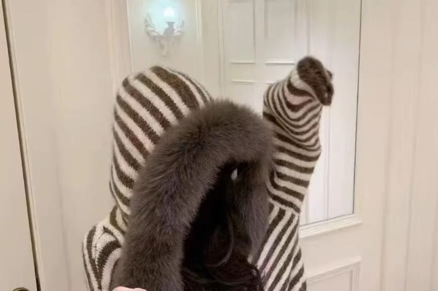 Striped Fluffy Trim Hood Cardigan