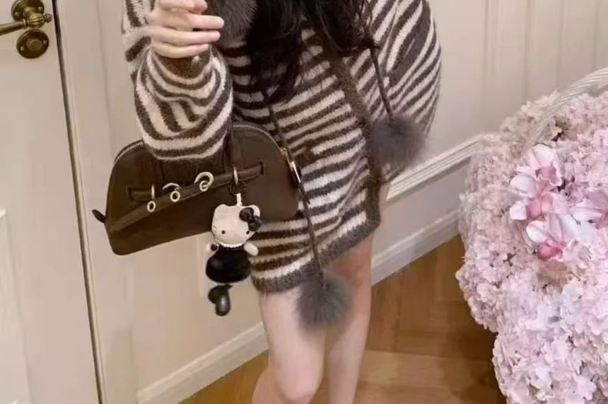 Striped Fluffy Trim Hood Cardigan