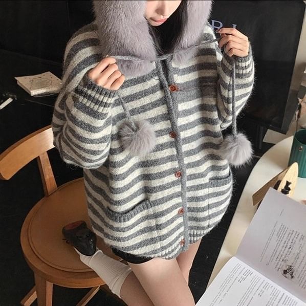 Striped Fluffy Trim Hood Cardigan