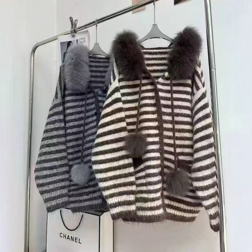 Striped Fluffy Trim Hood Cardigan
