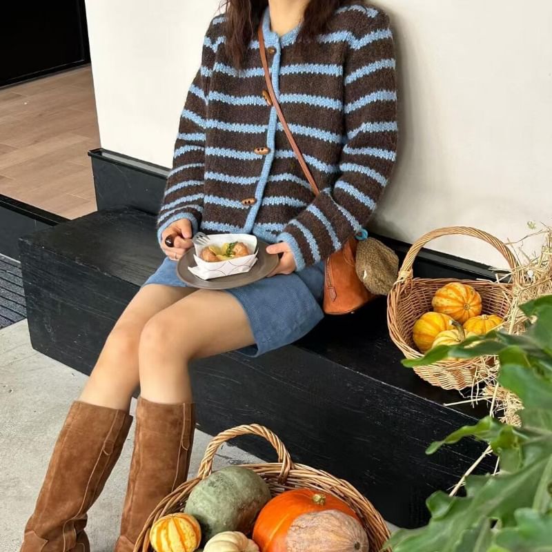 Round Neck Striped Toggle Cardigan