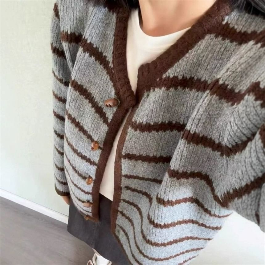 Round Neck Striped Toggle Cardigan
