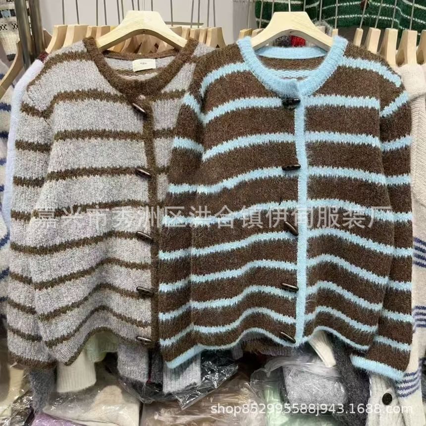 Round Neck Striped Toggle Cardigan