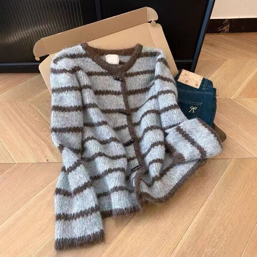 Round Neck Striped Toggle Cardigan