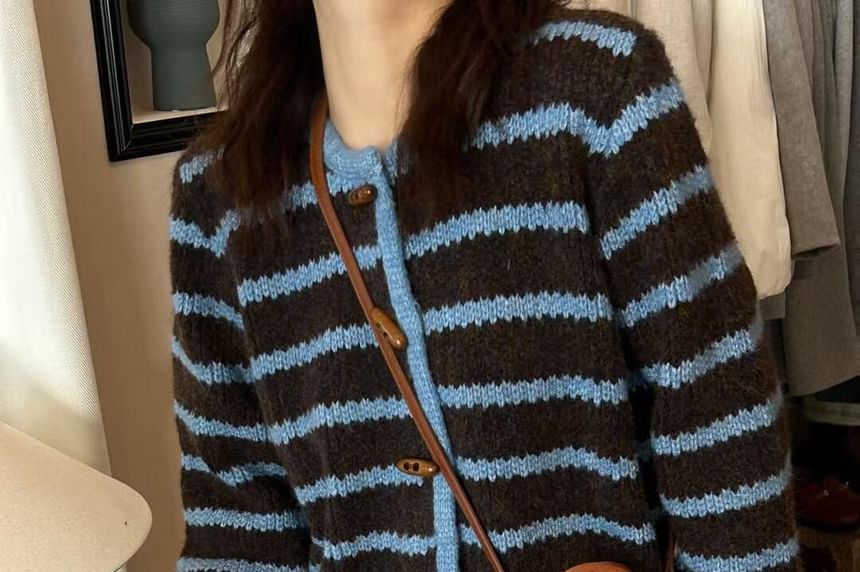 Round Neck Striped Toggle Cardigan