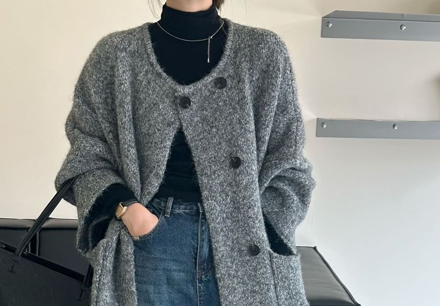 Round Neck Melange Maxi Double Breasted Cardigan