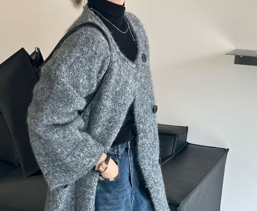 Round Neck Melange Maxi Double Breasted Cardigan