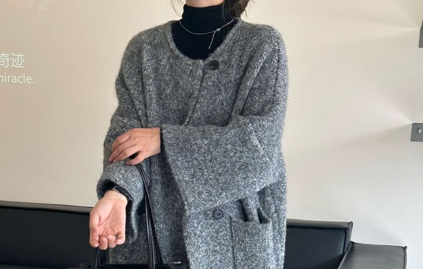 Round Neck Melange Maxi Double Breasted Cardigan