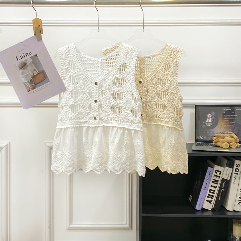 Sleeveless V-Neck Crochet Lace Trim Top