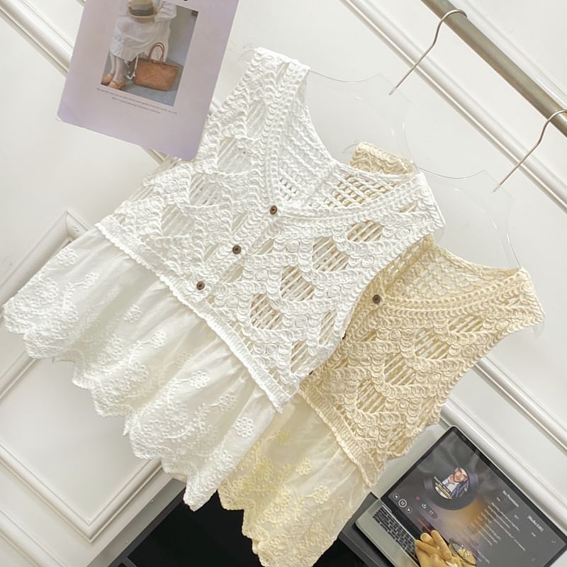 Sleeveless V-Neck Crochet Lace Trim Top