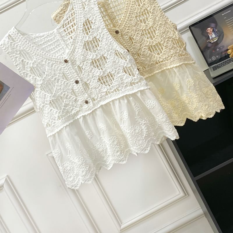 Sleeveless V-Neck Crochet Lace Trim Top