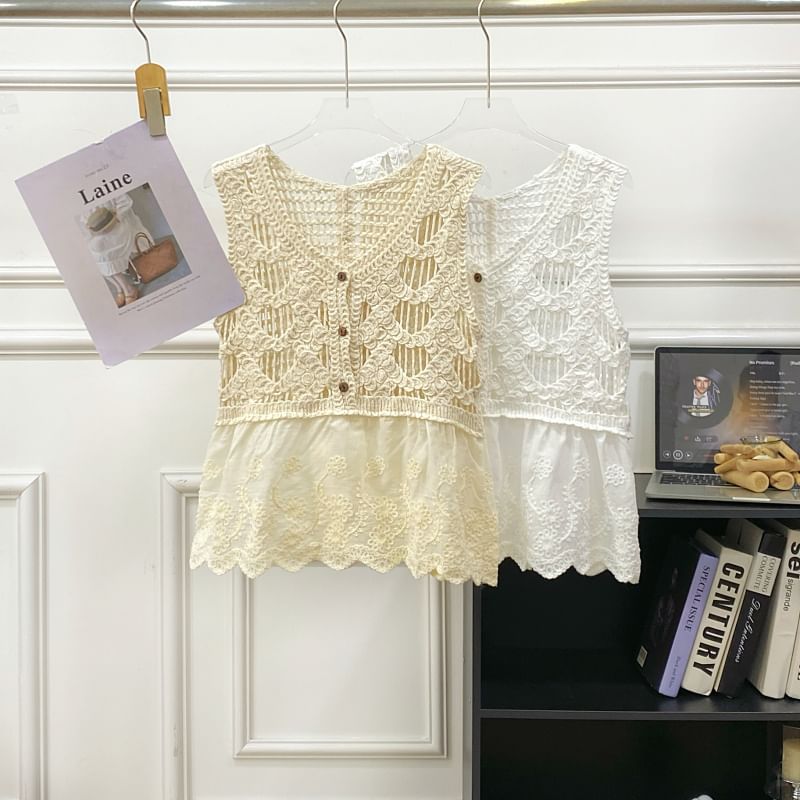 Sleeveless V-Neck Crochet Lace Trim Top
