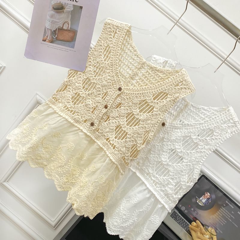 Sleeveless V-Neck Crochet Lace Trim Top