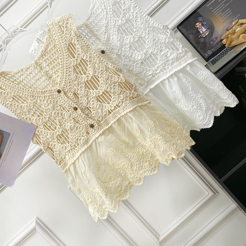 Sleeveless V-Neck Crochet Lace Trim Top