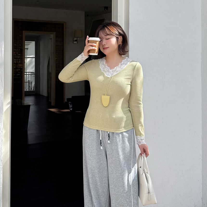 V-Neck Panel Lace Top Long Sleeve
