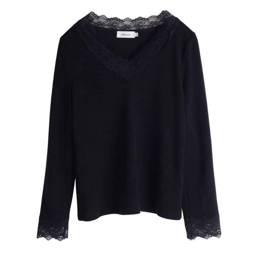 V-Neck Panel Lace Top Long Sleeve