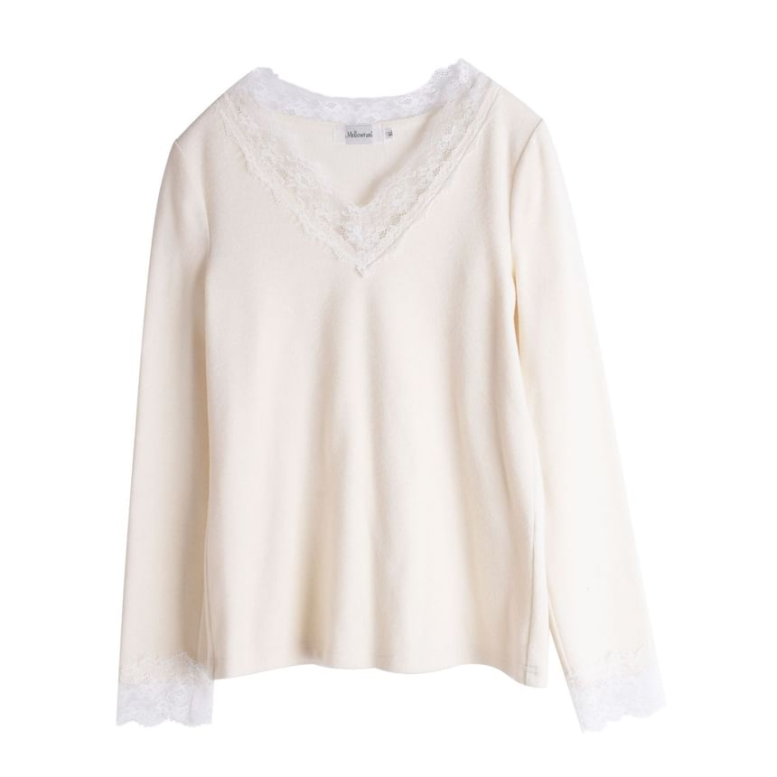 V-Neck Panel Lace Top Long Sleeve