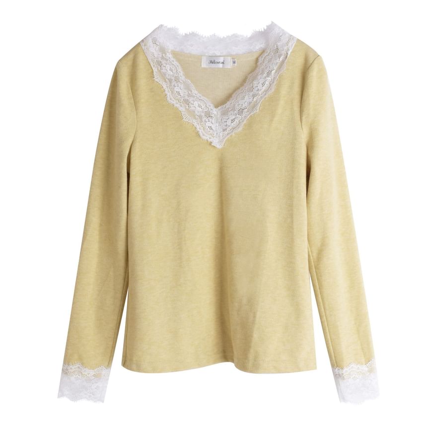 V-Neck Panel Lace Top Long Sleeve