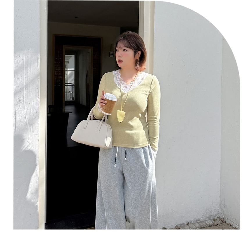 V-Neck Panel Lace Top Long Sleeve