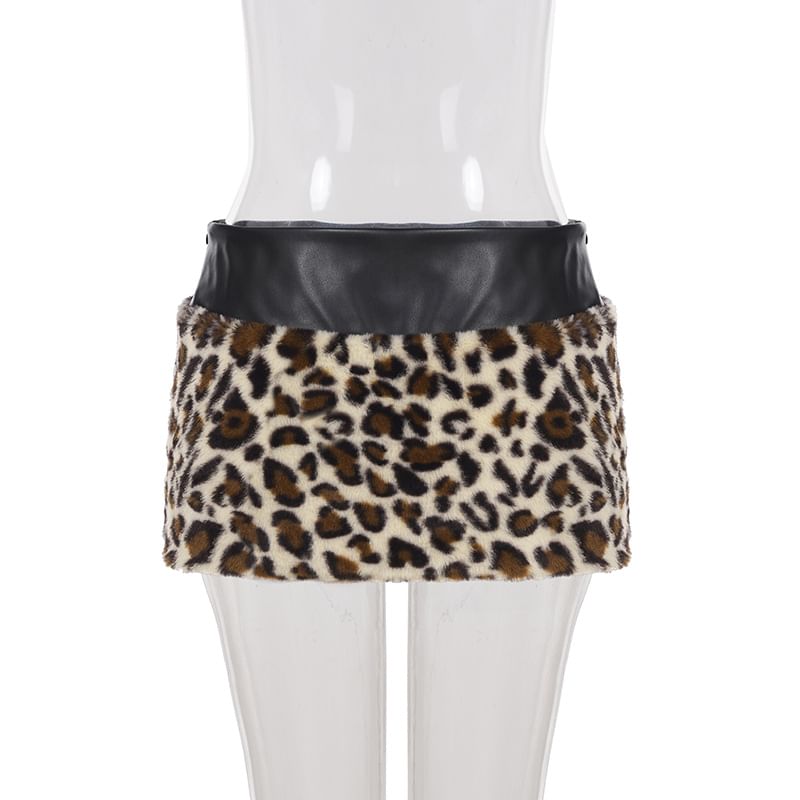 Leopard Pattern Fluffy Mini Pencil Skirt Low Rise