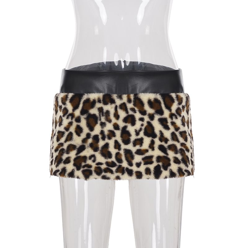 Leopard Pattern Fluffy Mini Pencil Skirt Low Rise