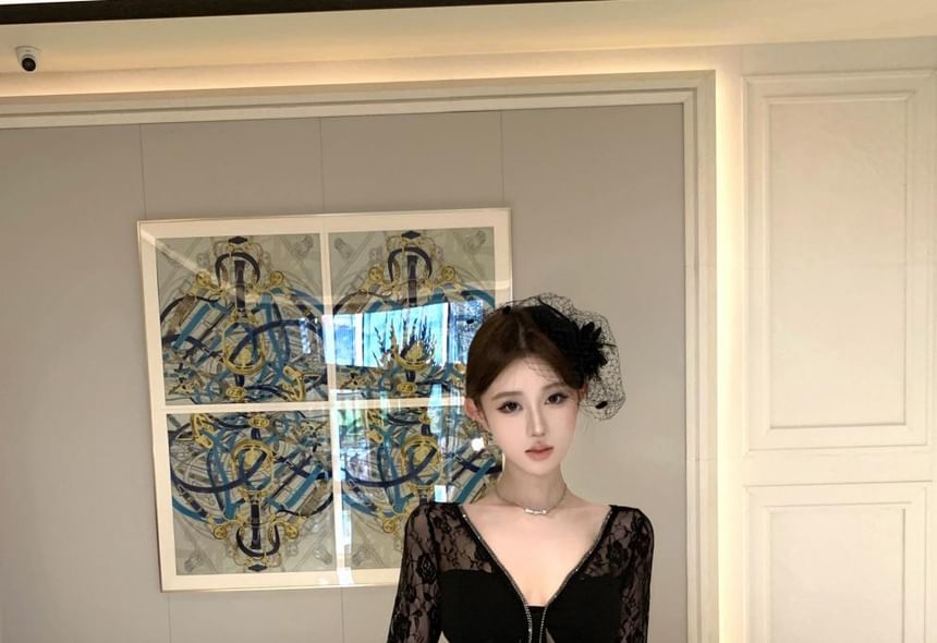 Long-Sleeve V-Neck Lace Panel Ruched Slit Maxi Sheath Dress
