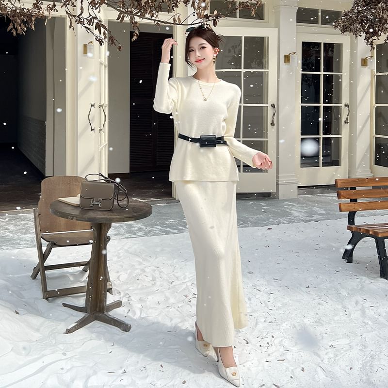 Crew Neck Knit Top and High Waist Pencil Skirt Set