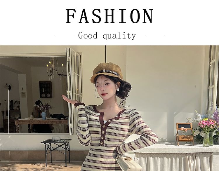 Long-Sleeve Crew Neck Striped Contrast Trim Maxi Sheath Knit Dress