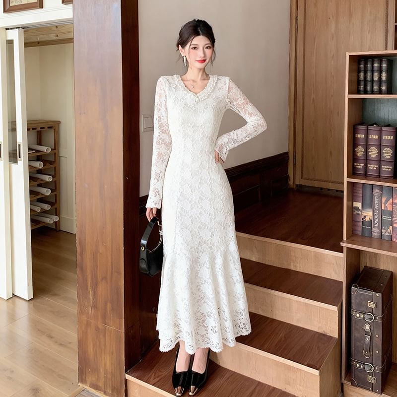 Long-Sleeve V-Neck Frill Trim Lace Maxi Mermaid Dress